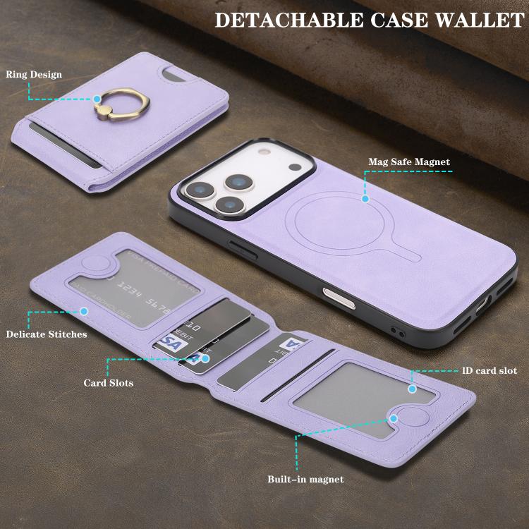 For iPhone 17 Pro Kalebol Strong MagSafe Ring Magnetic Card Bag Holder Leather Phone Case(Purple)