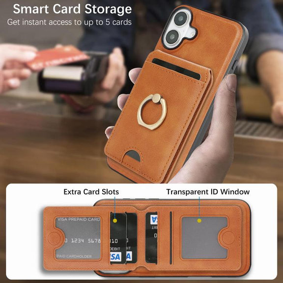 For iPhone 17 Kalebol Strong MagSafe Ring Magnetic Card Bag Holder Leather Phone Case(Brown)