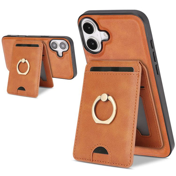 For iPhone 17 Kalebol Strong MagSafe Ring Magnetic Card Bag Holder Leather Phone Case(Brown)