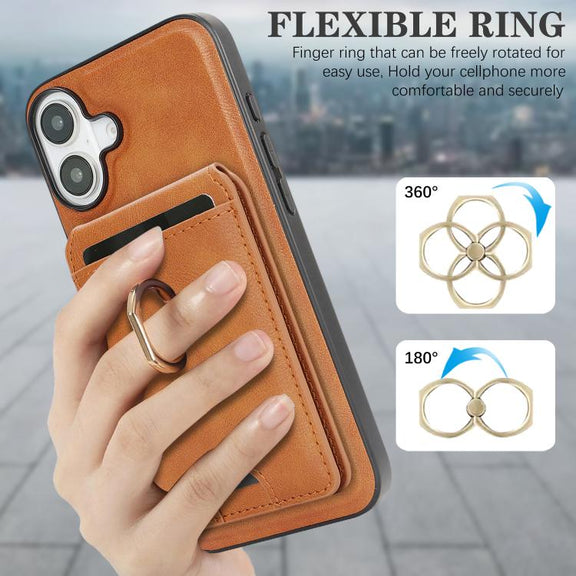 For iPhone 17 Kalebol Strong MagSafe Ring Magnetic Card Bag Holder Leather Phone Case(Brown)