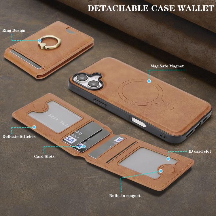For iPhone 17 Kalebol Strong MagSafe Ring Magnetic Card Bag Holder Leather Phone Case(Brown)