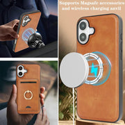 For iPhone 17 Kalebol Strong MagSafe Ring Magnetic Card Bag Holder Leather Phone Case(Brown)
