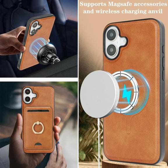 For iPhone 17 Kalebol Strong MagSafe Ring Magnetic Card Bag Holder Leather Phone Case(Brown)