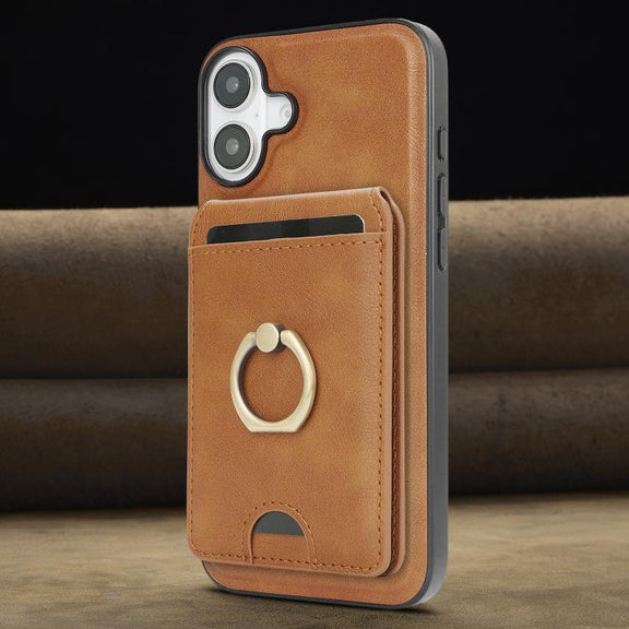 For iPhone 17 Kalebol Strong MagSafe Ring Magnetic Card Bag Holder Leather Phone Case(Brown)