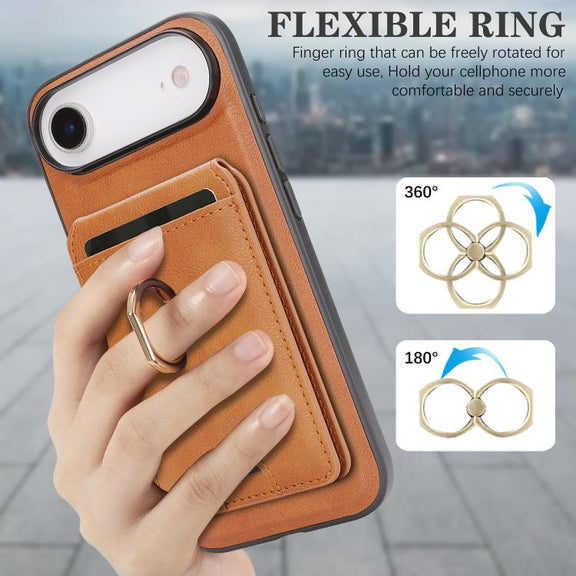 For iPhone 17 Air Kalebol Strong MagSafe Ring Magnetic Card Bag Holder Leather Phone Case(Brown)