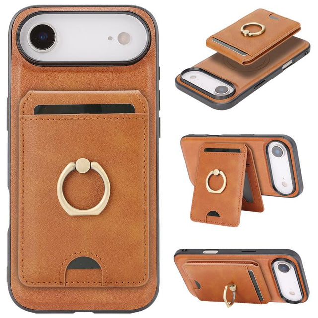 For iPhone 17 Air Kalebol Strong MagSafe Ring Magnetic Card Bag Holder Leather Phone Case(Brown)