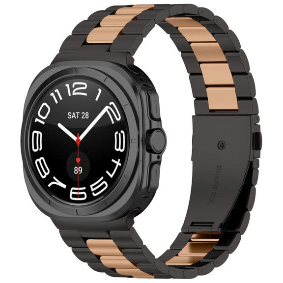 For Samsung Galaxy Watch8 / Watch8 Classic Three Beads Stainless Steel Watch Band with Removal Tool(Black Rose Gold)