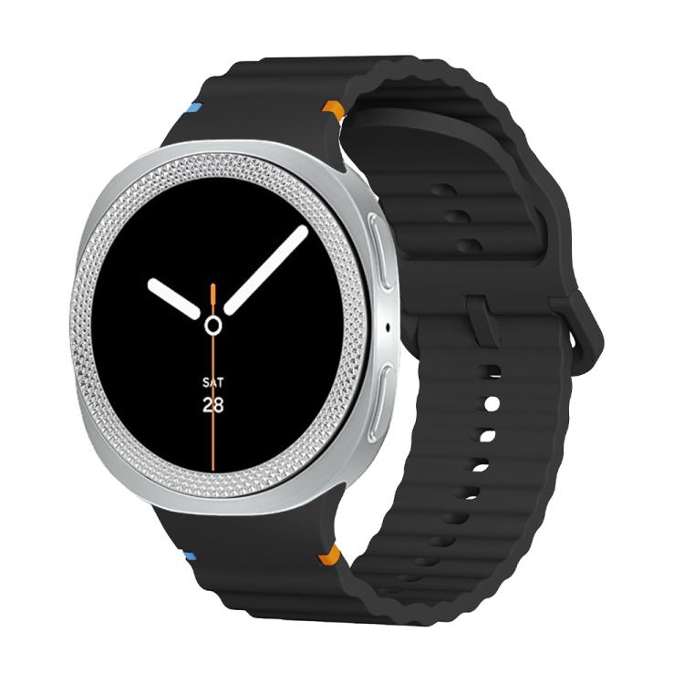 For Samsung Galaxy Watch8 40mm Rhombic Texture Bezel and Wavy Grain Stitched Color Buckle Silicone Watch Band(Black Silver)
