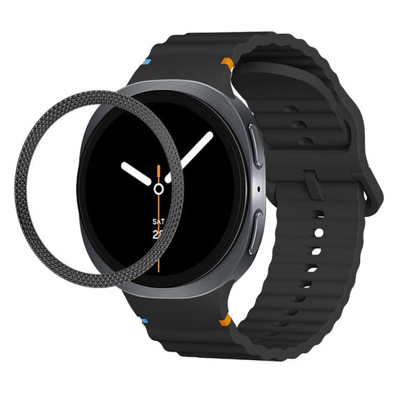 For Samsung Galaxy Watch8 40mm Rhombic Texture Bezel and Wavy Grain Stitched Color Buckle Silicone Watch Band(Black Black)