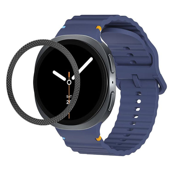 For Samsung Galaxy Watch8 40mm Rhombic Texture Bezel and Wavy Grain Stitched Color Buckle Silicone Watch Band(Midnight Blue Black)