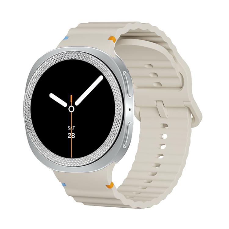 For Samsung Galaxy Watch8 44mm Rhombic Texture Bezel and Wavy Grain Stitched Color Buckle Silicone Watch Band(Beige Silver)