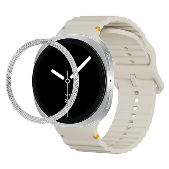 For Samsung Galaxy Watch8 44mm Rhombic Texture Bezel and Wavy Grain Stitched Color Buckle Silicone Watch Band(Beige Silver)