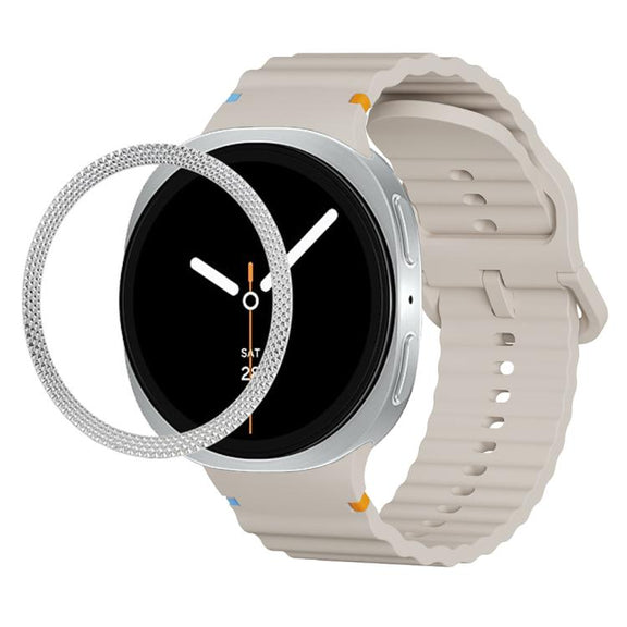 For Samsung Galaxy Watch8 44mm Rhombic Texture Bezel and Wavy Grain Stitched Color Buckle Silicone Watch Band(Starlight Silver)