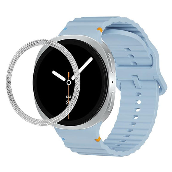 For Samsung Galaxy Watch8 44mm Rhombic Texture Bezel and Wavy Grain Stitched Color Buckle Silicone Watch Band(Light Blue Silver)