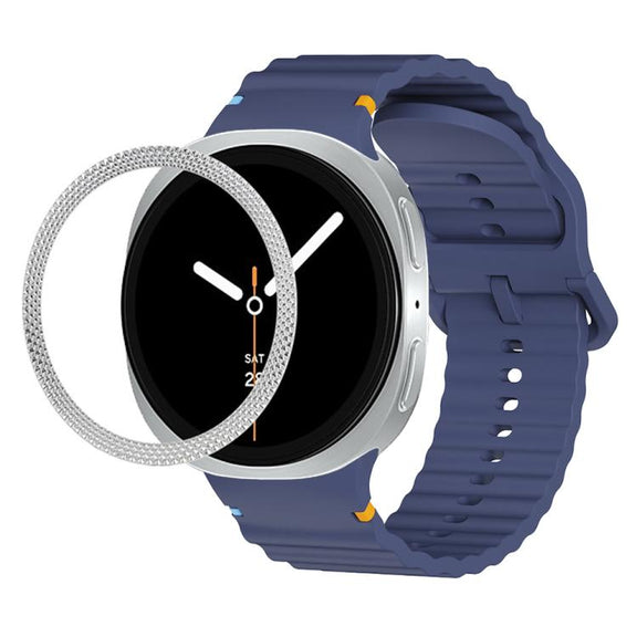 For Samsung Galaxy Watch8 44mm Rhombic Texture Bezel and Wavy Grain Stitched Color Buckle Silicone Watch Band(Midnight Blue Silver)
