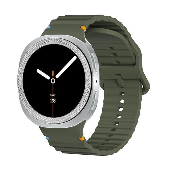 For Samsung Galaxy Watch8 44mm Rhombic Texture Bezel and Wavy Grain Stitched Color Buckle Silicone Watch Band(Army Green Silver)