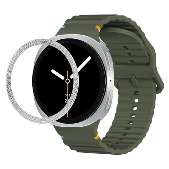 For Samsung Galaxy Watch8 44mm Rhombic Texture Bezel and Wavy Grain Stitched Color Buckle Silicone Watch Band(Army Green Silver)