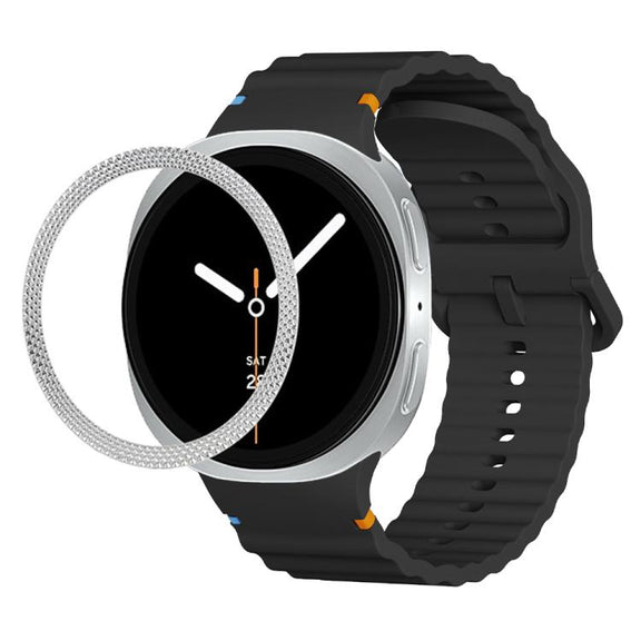 For Samsung Galaxy Watch8 44mm Rhombic Texture Bezel and Wavy Grain Stitched Color Buckle Silicone Watch Band(Black Silver)