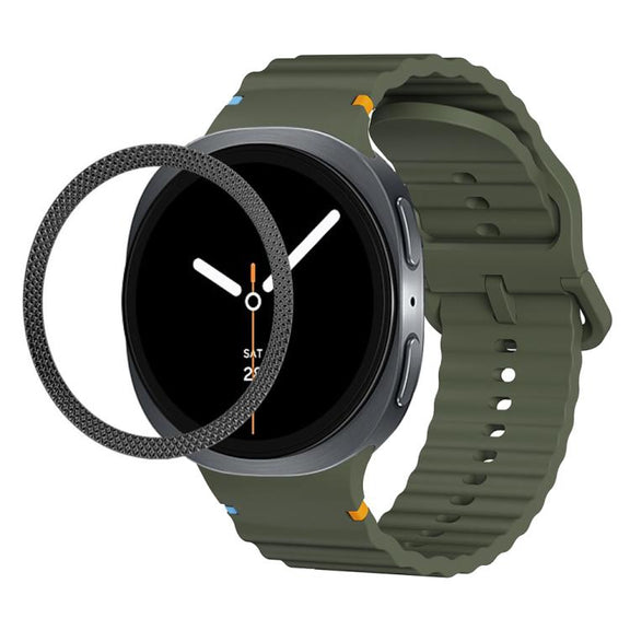 For Samsung Galaxy Watch8 44mm Rhombic Texture Bezel and Wavy Grain Stitched Color Buckle Silicone Watch Band(Army Green Black)
