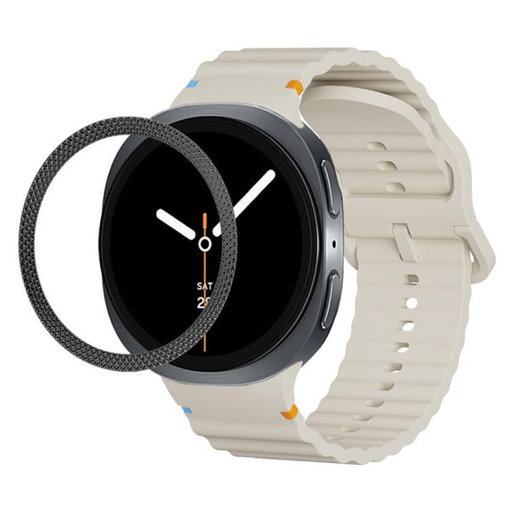 For Samsung Galaxy Watch8 44mm Rhombic Texture Bezel and Wavy Grain Stitched Color Buckle Silicone Watch Band(Beige Black)