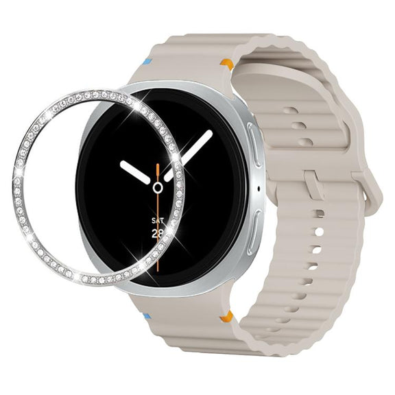 For Samsung Galaxy Watch8 44mm Diamond Bezel and Wavy Grain Stitched Color Buckle Silicone Watch Band(Starlight Silver)