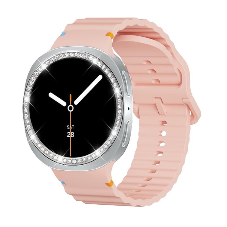 For Samsung Galaxy Watch8 44mm Diamond Bezel and Wavy Grain Stitched Color Buckle Silicone Watch Band(Pink Silver) - free shipping - PMC TechLife - Order now!