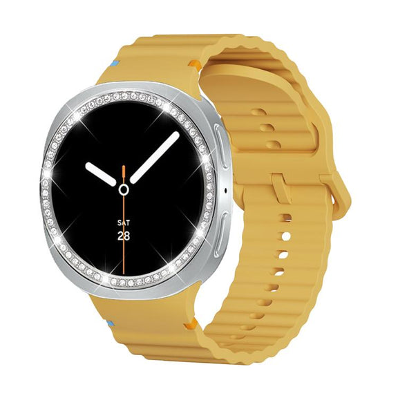 For Samsung Galaxy Watch8 44mm Diamond Bezel and Wavy Grain Stitched Color Buckle Silicone Watch Band(Yellow Silver)