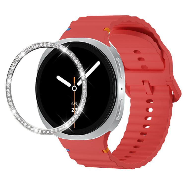 For Samsung Galaxy Watch8 44mm Diamond Bezel and Wavy Grain Stitched Color Buckle Silicone Watch Band(Red Silver) - free shipping - PMC TechLife - Order now!