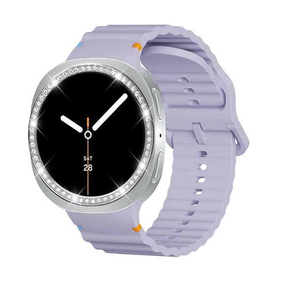 For Samsung Galaxy Watch8 44mm Diamond Bezel and Wavy Grain Stitched Color Buckle Silicone Watch Band(Purple Silver)