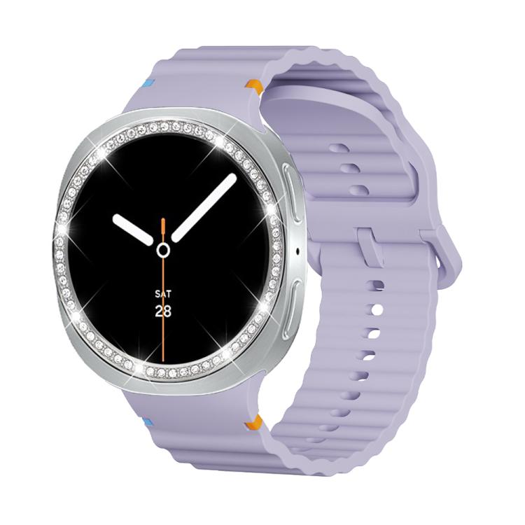 For Samsung Galaxy Watch8 44mm Diamond Bezel and Wavy Grain Stitched Color Buckle Silicone Watch Band(Purple Silver)
