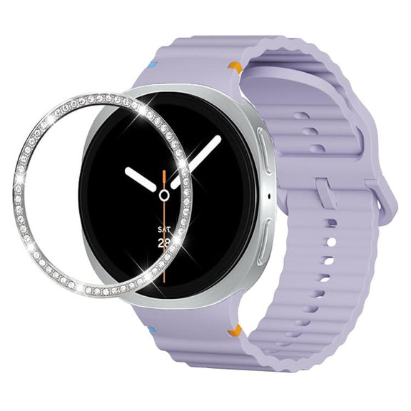 For Samsung Galaxy Watch8 44mm Diamond Bezel and Wavy Grain Stitched Color Buckle Silicone Watch Band(Purple Silver)