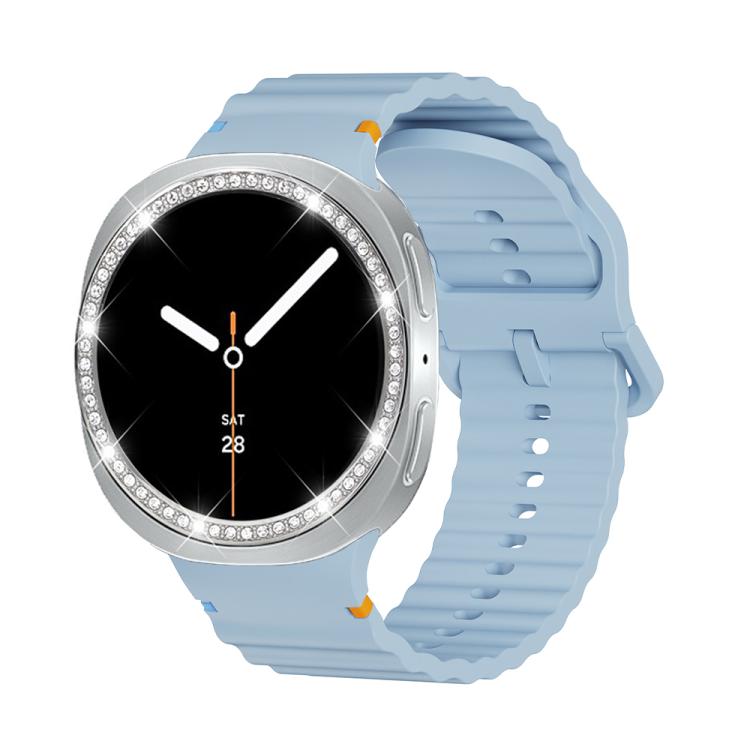 For Samsung Galaxy Watch8 44mm Diamond Bezel and Wavy Grain Stitched Color Buckle Silicone Watch Band(Light Blue Silver)