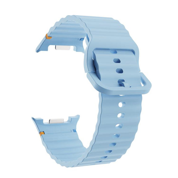 For Samsung Galaxy Watch8 44mm Diamond Bezel and Wavy Grain Stitched Color Buckle Silicone Watch Band(Light Blue Silver)