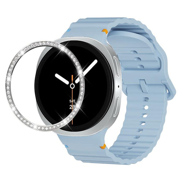 For Samsung Galaxy Watch8 44mm Diamond Bezel and Wavy Grain Stitched Color Buckle Silicone Watch Band(Light Blue Silver)