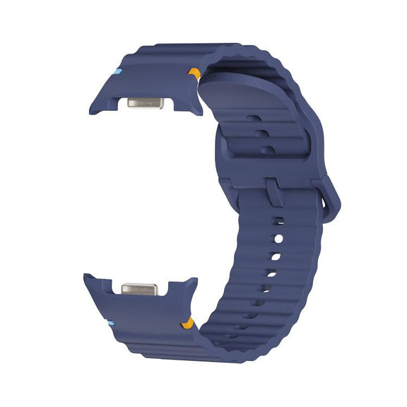 For Samsung Galaxy Watch8 44mm Diamond Bezel and Wavy Grain Stitched Color Buckle Silicone Watch Band(Midnight Blue Silver)