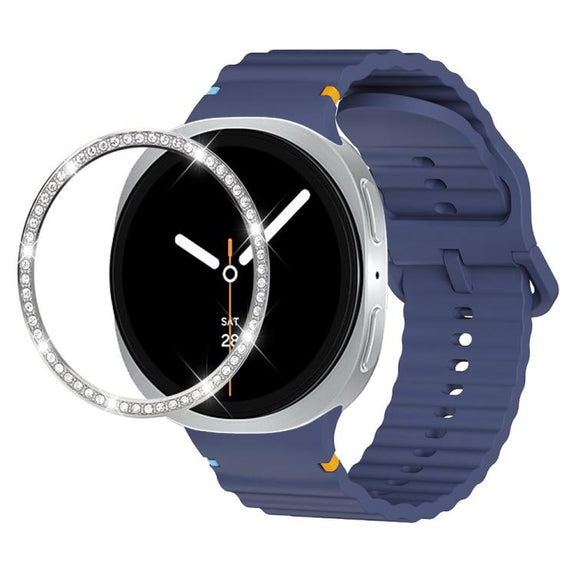 For Samsung Galaxy Watch8 44mm Diamond Bezel and Wavy Grain Stitched Color Buckle Silicone Watch Band(Midnight Blue Silver)