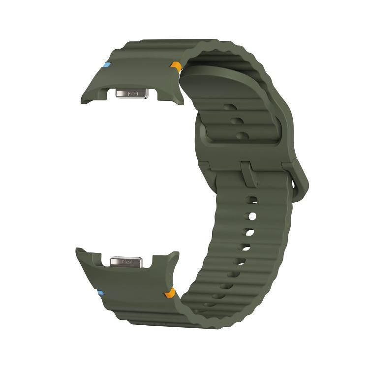 For Samsung Galaxy Watch8 44mm Diamond Bezel and Wavy Grain Stitched Color Buckle Silicone Watch Band(Army Green Silver)