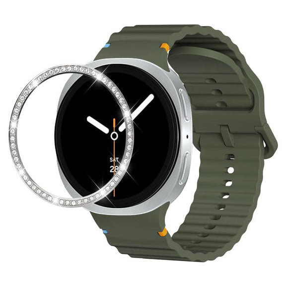 For Samsung Galaxy Watch8 44mm Diamond Bezel and Wavy Grain Stitched Color Buckle Silicone Watch Band(Army Green Silver)