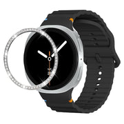For Samsung Galaxy Watch8 44mm Diamond Bezel and Wavy Grain Stitched Color Buckle Silicone Watch Band(Black Silver)