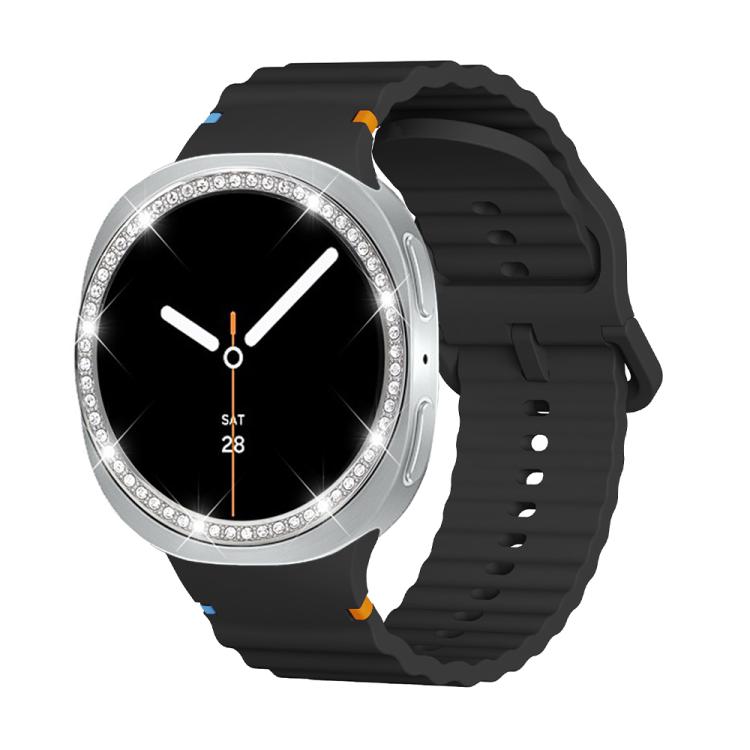 For Samsung Galaxy Watch8 44mm Diamond Bezel and Wavy Grain Stitched Color Buckle Silicone Watch Band(Black Silver)