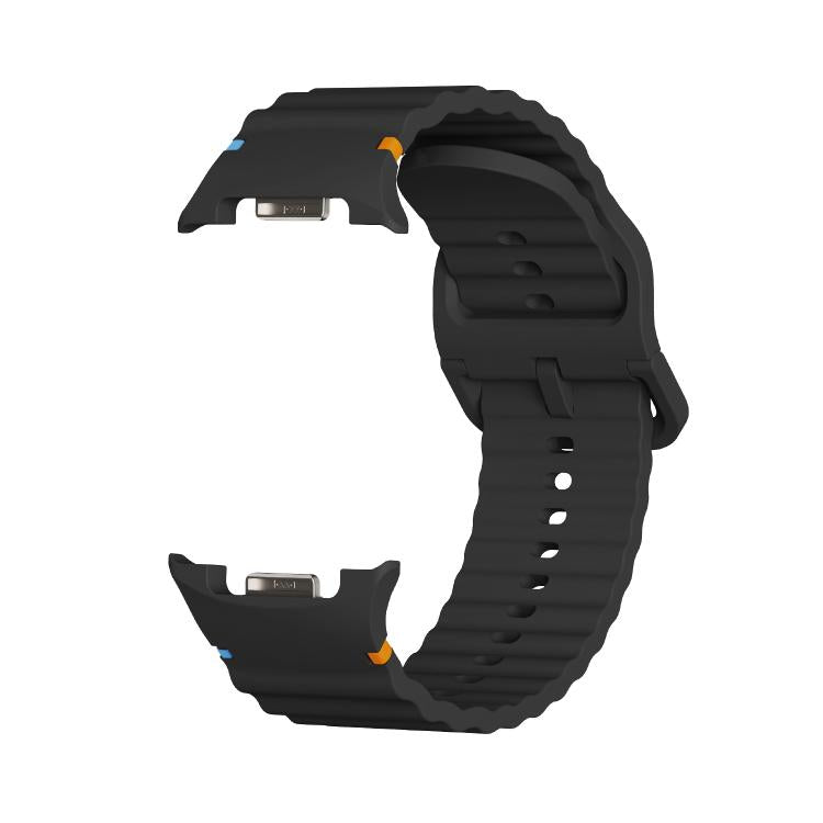 For Samsung Galaxy Watch8 44mm Diamond Bezel and Wavy Grain Stitched Color Buckle Silicone Watch Band(Black Silver) - free shipping - PMC TechLife - Order now!