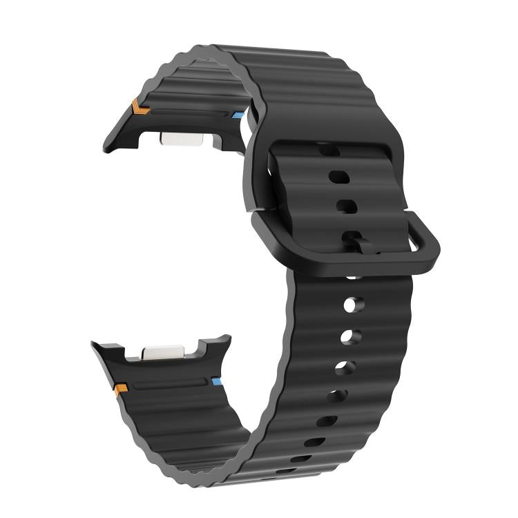 For Samsung Galaxy Watch8 44mm Diamond Bezel and Wavy Grain Stitched Color Buckle Silicone Watch Band(Black Silver) - free shipping - PMC TechLife - Order now!