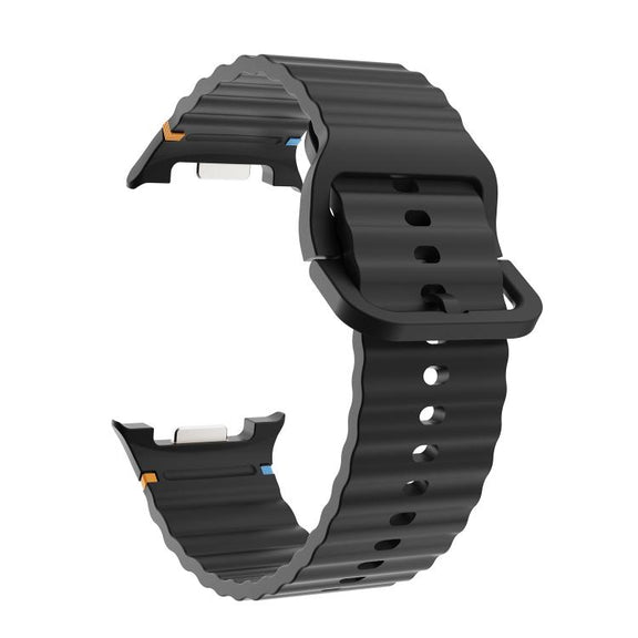 For Samsung Galaxy Watch8 44mm Diamond Bezel and Wavy Grain Stitched Color Buckle Silicone Watch Band(Black Silver)