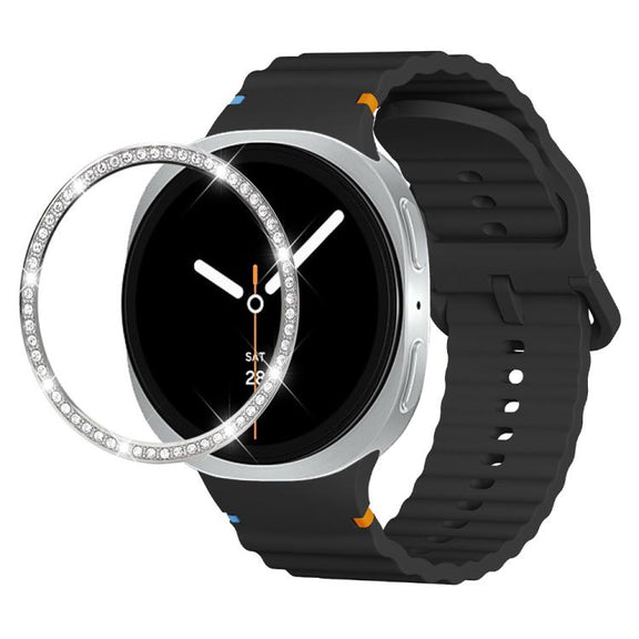 For Samsung Galaxy Watch8 44mm Diamond Bezel and Wavy Grain Stitched Color Buckle Silicone Watch Band(Black Silver)