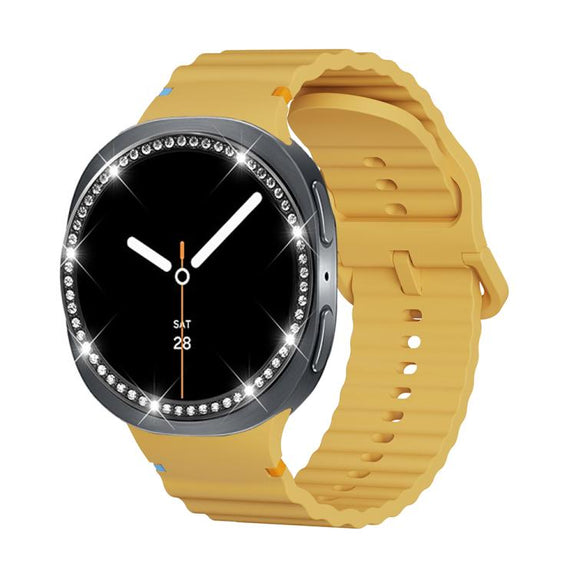 For Samsung Galaxy Watch8 44mm Diamond Bezel and Wavy Grain Stitched Color Buckle Silicone Watch Band(Yellow Black)