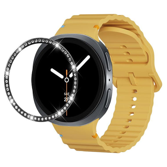 For Samsung Galaxy Watch8 44mm Diamond Bezel and Wavy Grain Stitched Color Buckle Silicone Watch Band(Yellow Black)