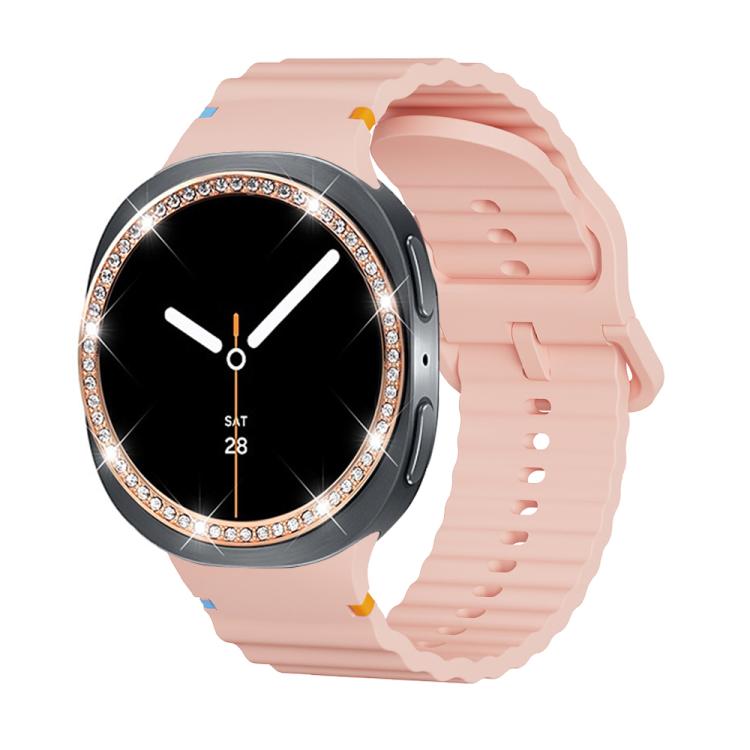 For Samsung Galaxy Watch8 44mm Diamond Bezel and Wavy Grain Stitched Color Buckle Silicone Watch Band(Pink Rose Gold)