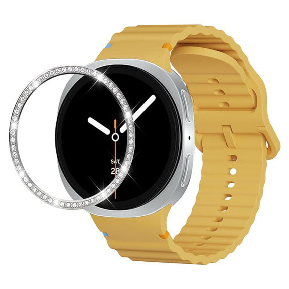 For Samsung Galaxy Watch8 40mm Diamond Bezel and Wavy Grain Stitched Color Buckle Silicone Watch Band(Yellow Silver)