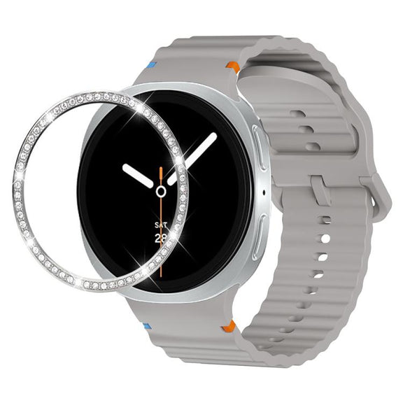 For Samsung Galaxy Watch8 40mm Diamond Bezel and Wavy Grain Stitched Color Buckle Silicone Watch Band(Gray Silver)