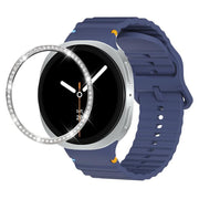 For Samsung Galaxy Watch8 40mm Diamond Bezel and Wavy Grain Stitched Color Buckle Silicone Watch Band(Midnight Blue Silver)